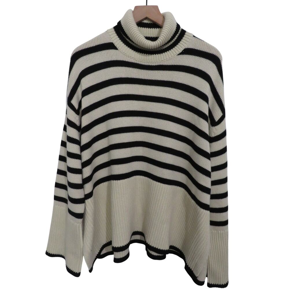 Toteme Women Sz M Stripe Turtleneck Light Sand Black Wool Sweater Coastal